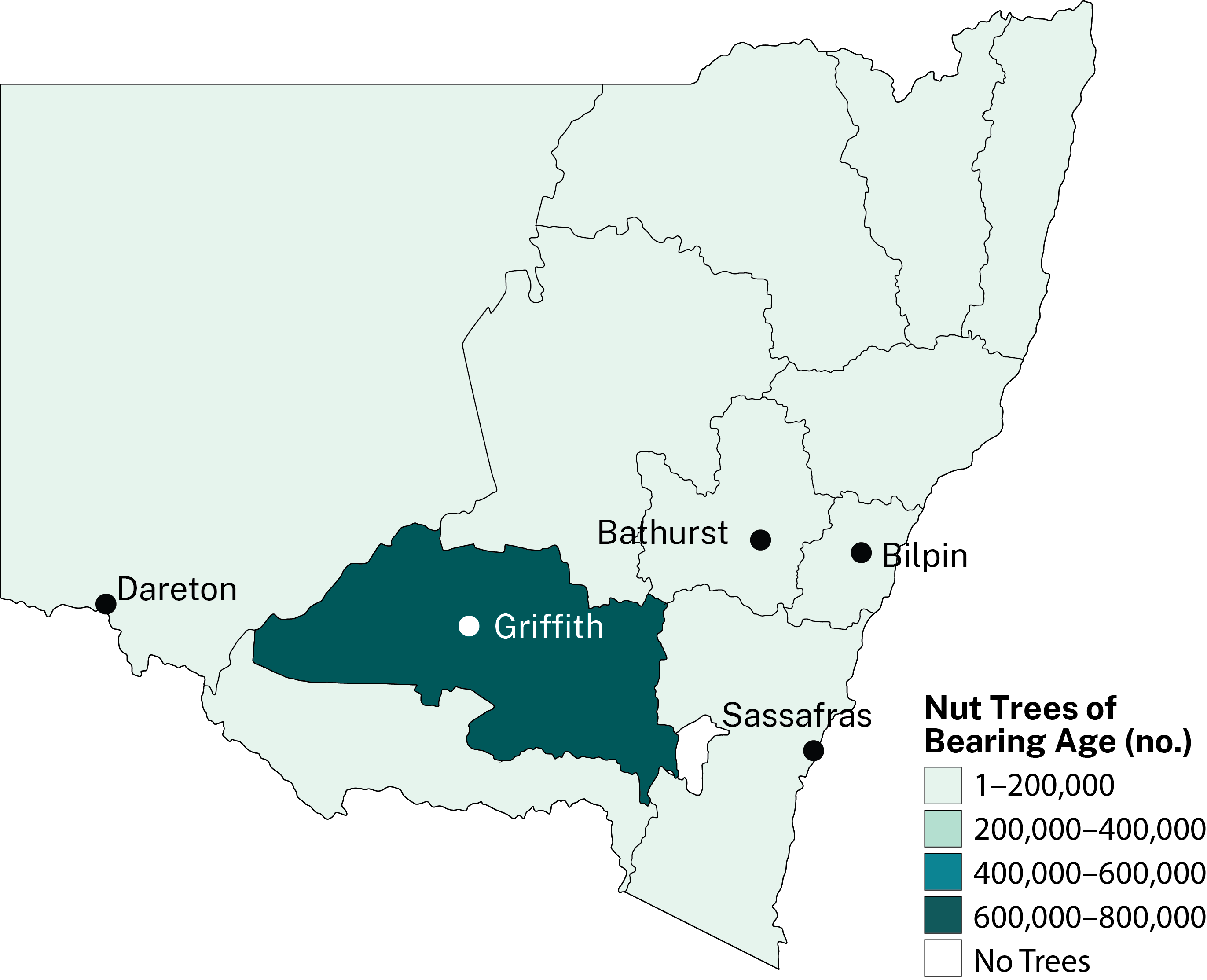 Nut production in NSW is concentrated in the Riverina region.