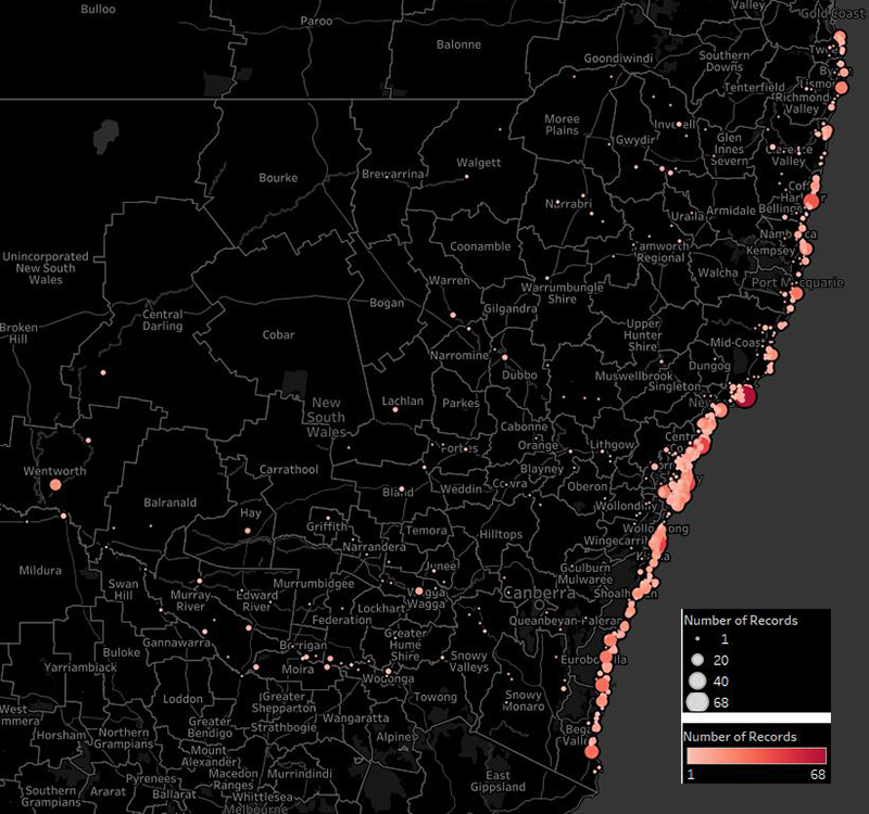 Map showing the amount of reports received around NSW. Contact the content owner to discuss this further mathew.richardson@dpi.nsw.gov.au