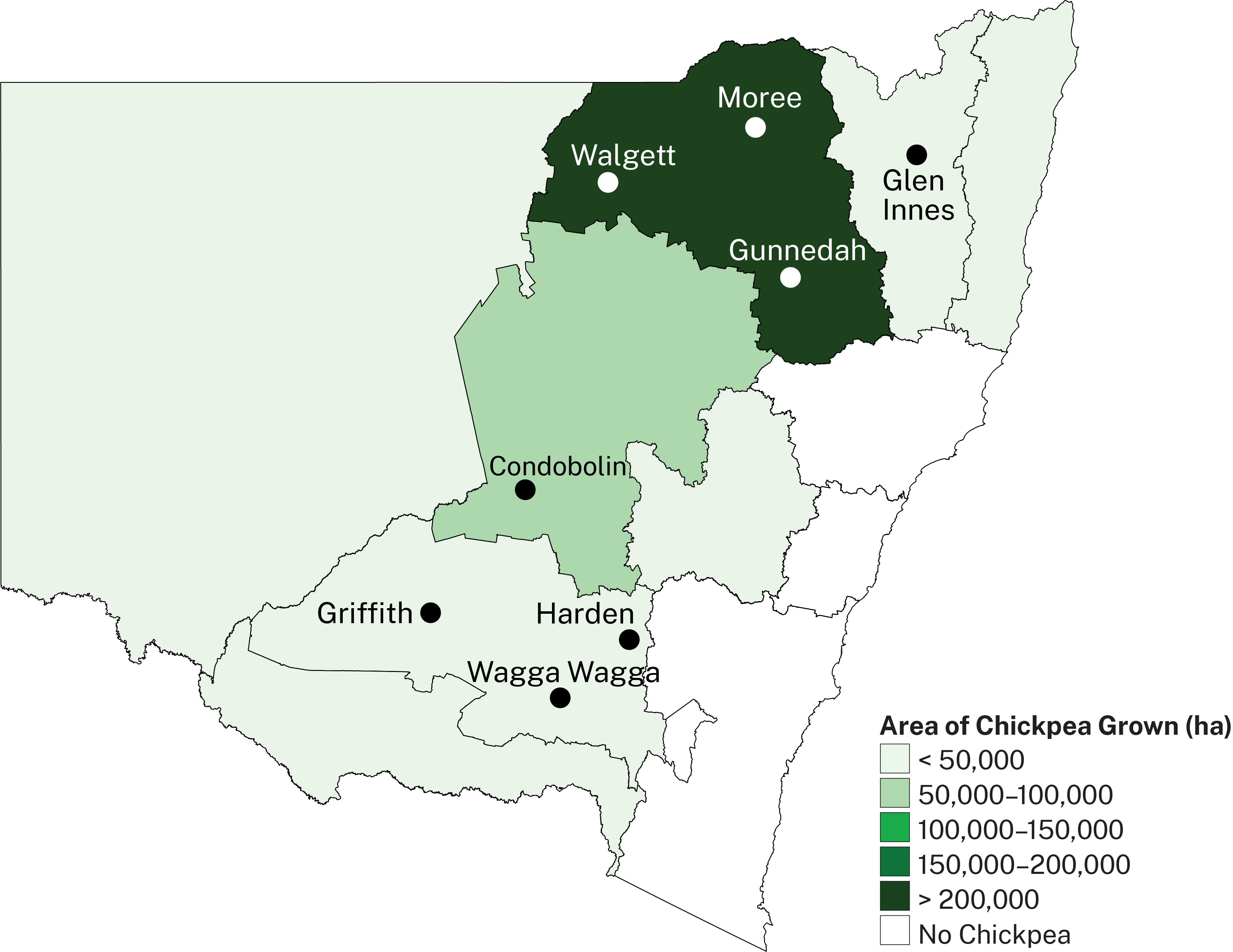 Chickpea growing in NSW is concentrated in the central northern part of the state but extends southwards west of the Great Dividing Range.