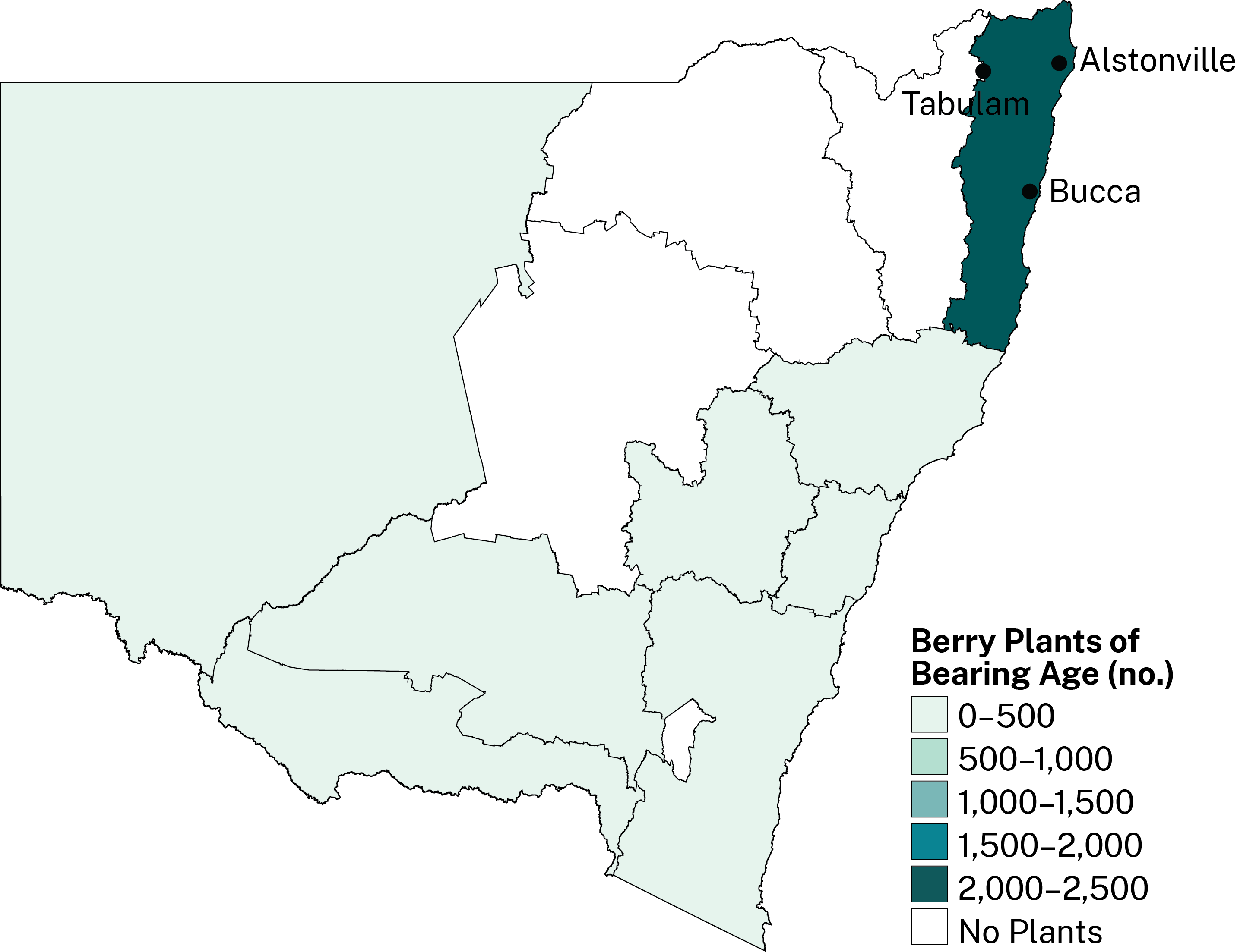 Blueberry production in NSW is focused on the north coast, with other growing regions spread across most of the state.