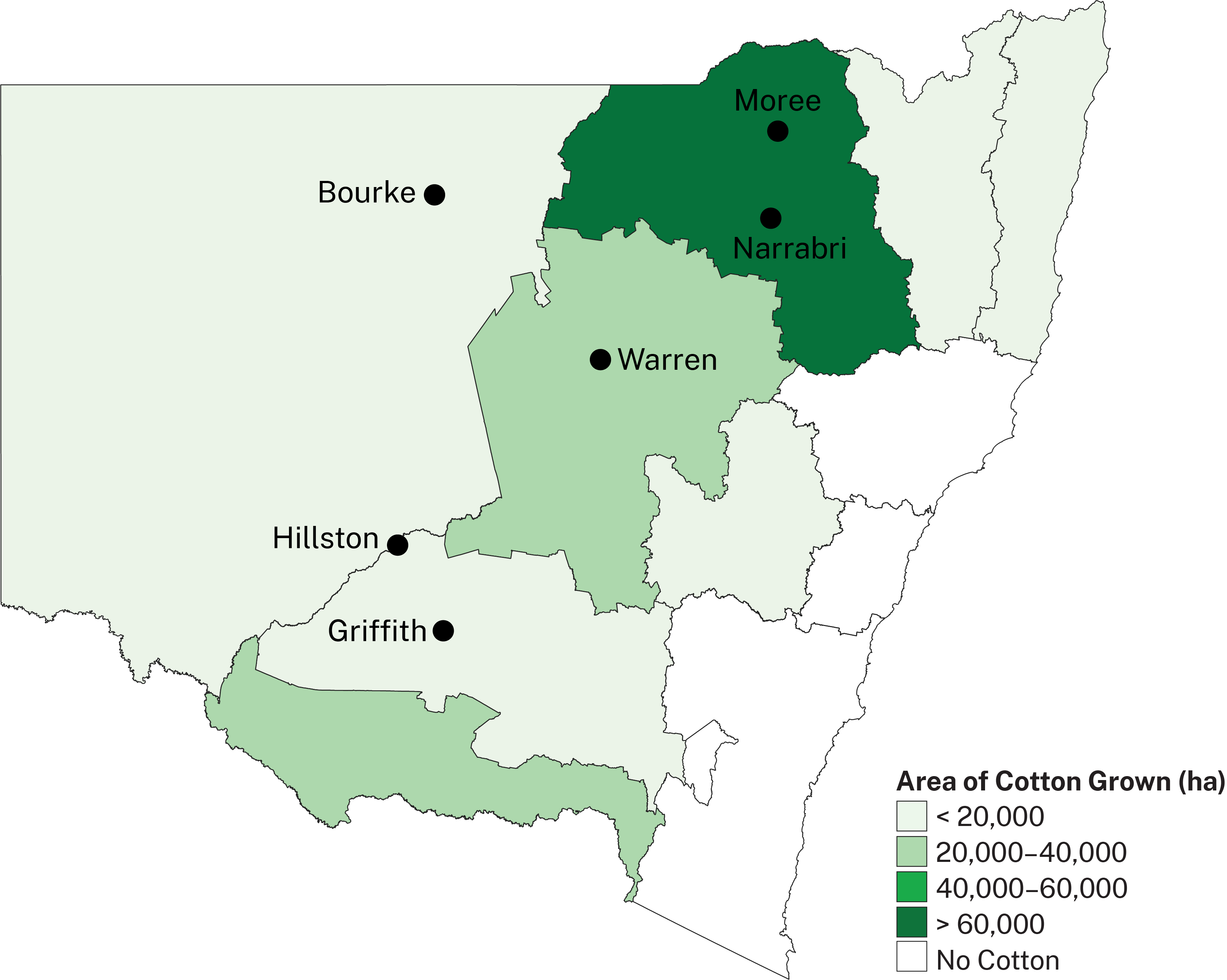 Cotton is grown across much of NSW, concentrated in the north and central regions of the state.