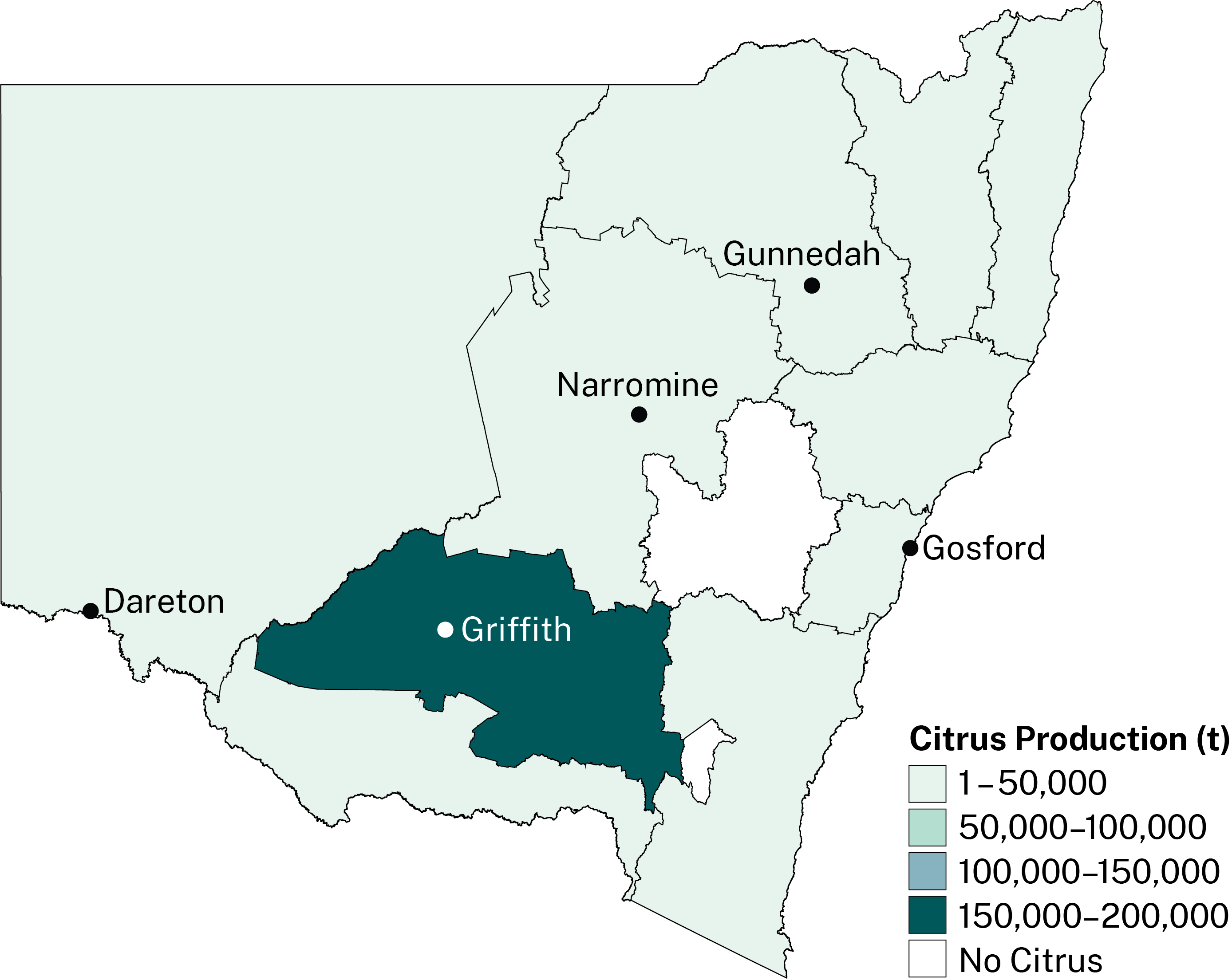 Citrus production in NSW is concentrated in the Riverina region, but also extends across most of the state.