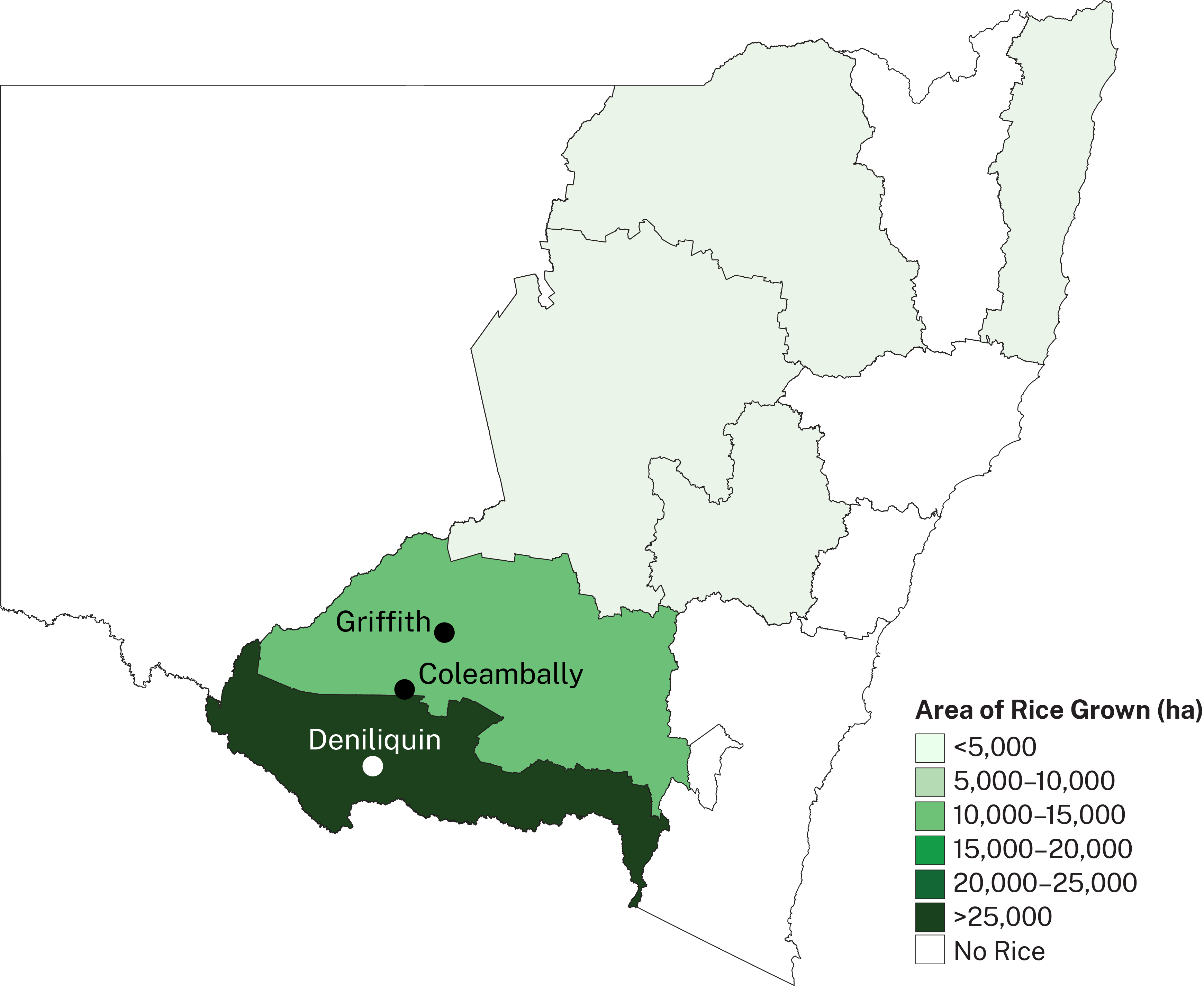 Rice growing in NSW is concentrated in the central south of the state.